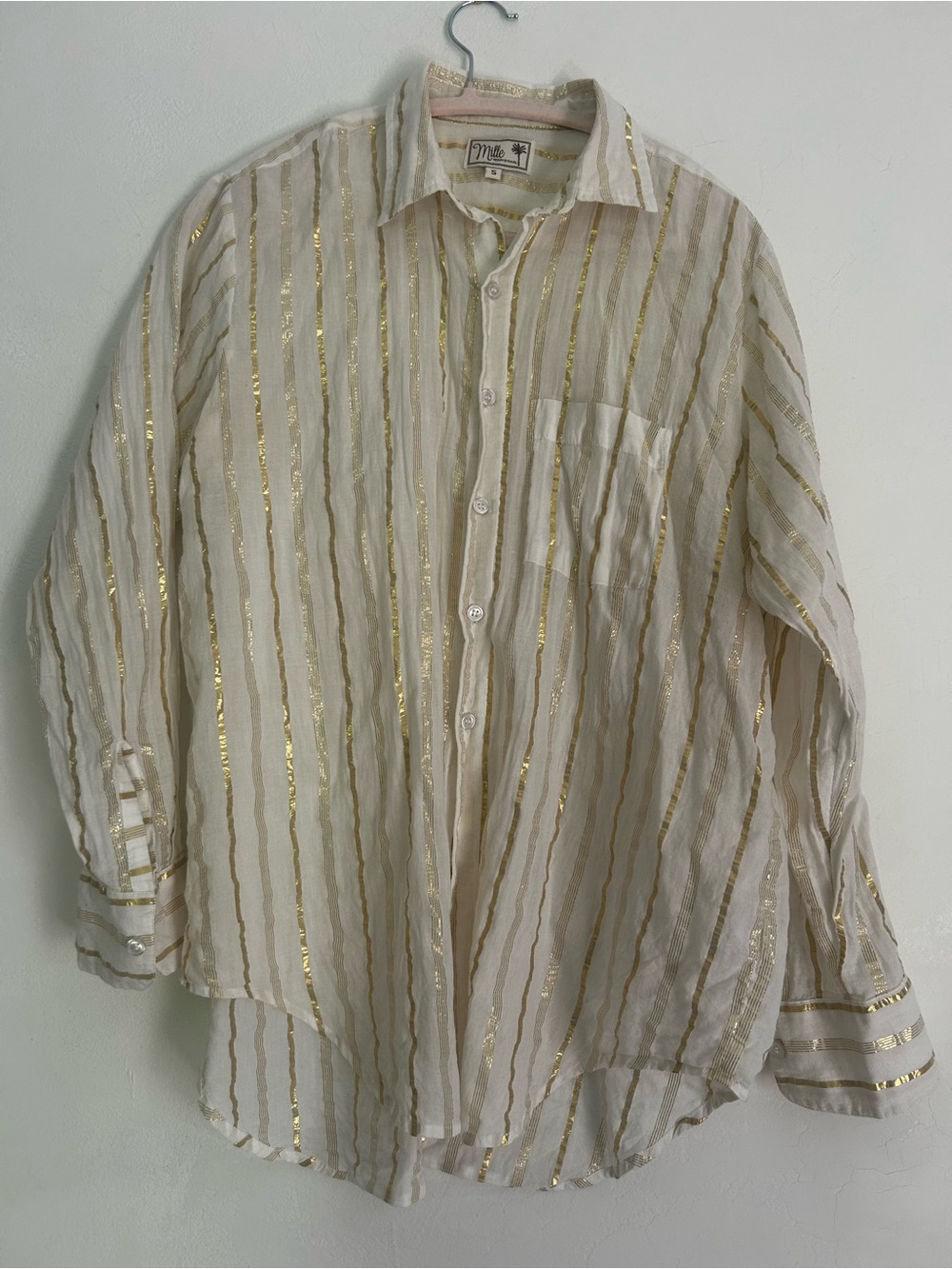 MILLE Resort & Travel “Sofia” Ivory Button-Down Shirt with Gold Metallic Stripe